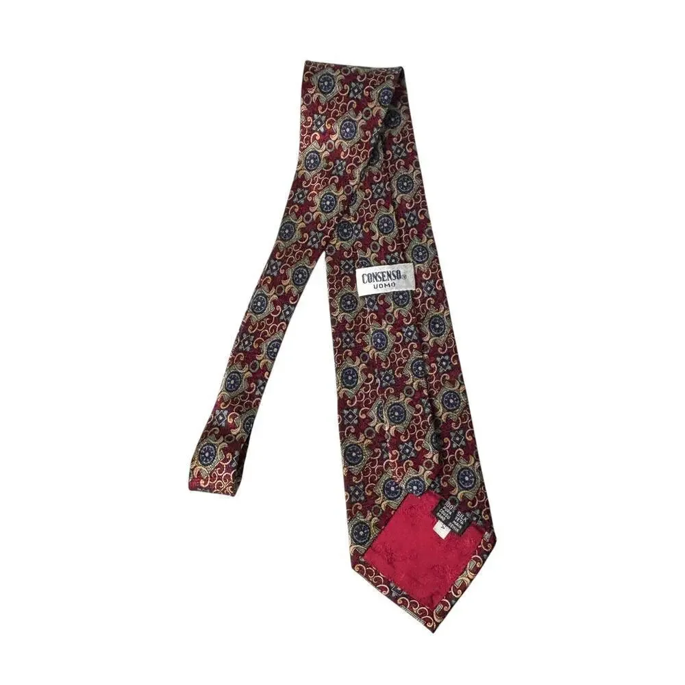Consenso Uomo Hand Sewn Silk Tie Maroon Blue Green Cream Print